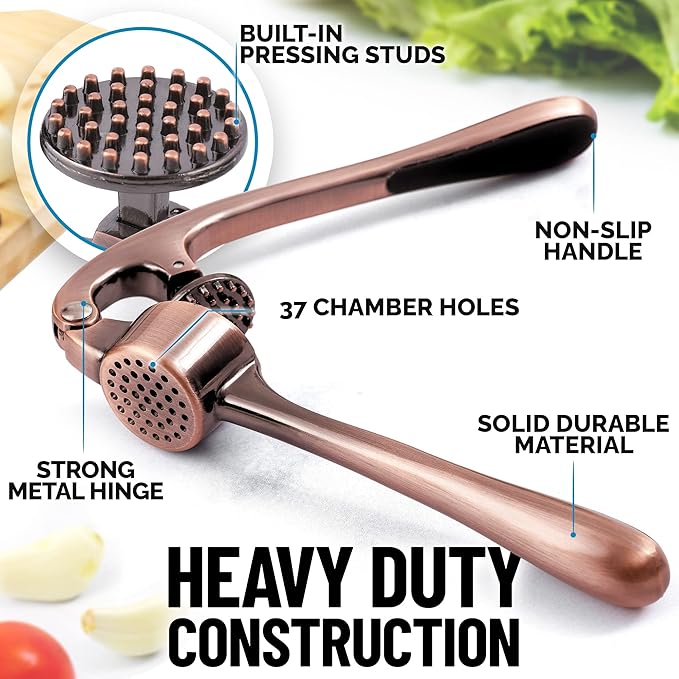Zulay Kitchen Premium Garlic Press Set - Rust Proof Professional Garlic Mincer Tool - Easy-Squeeze, Easy-Clean with Soft, Ergonomic Handle - Silicone Garlic Peeler & Brush (Copper)