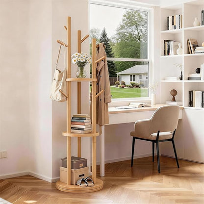 Solid Wood Rotary Coat Rack, Coat Rack Freestanding with 3 Storage Shelves & 9 hooks, Coat Tree for Entryway, Livingroom, Bedroom, Coat Hanger Stand for Coats, Scarves, Handbags, Hat (Natural)