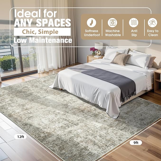 9x12 Area Rugs for Living Room Rug Washable: Abstract Large Rug for Dining Room Bedroom Carpet Non Slip 9 by 12 Indoor Modern Nursery Home Office Beige Brown