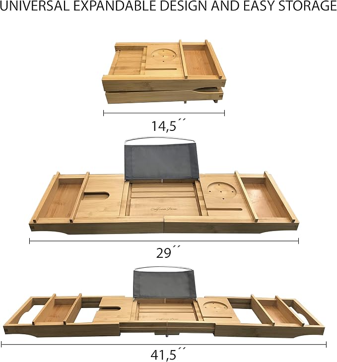 Luxury Bath Caddy Tray for Tub | Bath Table | Premium Bamboo Bathtub Tray for Tub | Fits All Bath Accessories Wine Glass, Books, Tablets, Cellphones, Shampoo, Soap | Bath Shelf Foldable Design