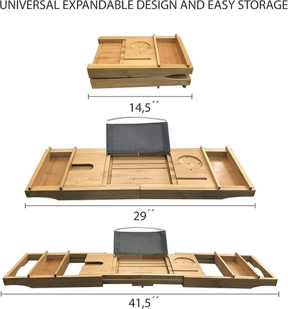Luxury Bath Caddy Tray for Tub | Bath Table | Premium Bamboo Bathtub Tray for Tub | Fits All Bath Accessories Wine Glass, Books, Tablets, Cellphones, Shampoo, Soap | Bath Shelf Foldable Design