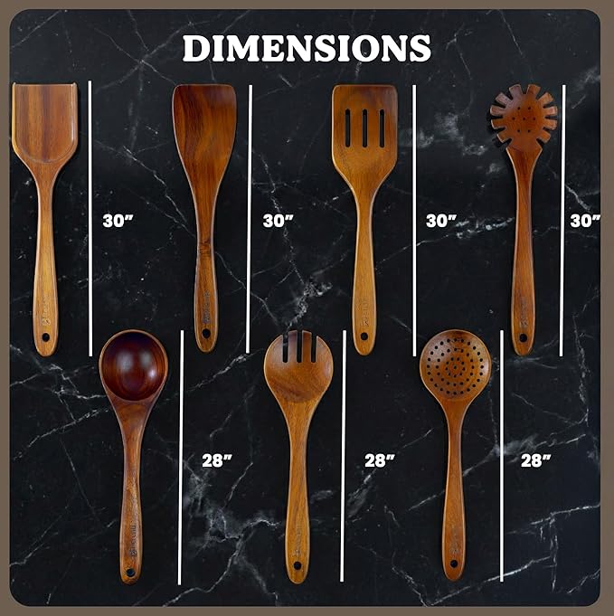 Wooden Spoons for Cooking – 7-Piece Acacia Wood Kitchen Utensil Set, Wooden Spurtles & Paddle Tools, Nonstick Safe Cooking Utensils Set Wood for Everyday Kitchen Use
