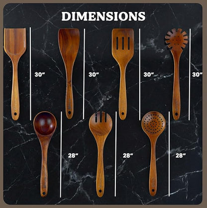 Wooden Spoons for Cooking – 7-Piece Acacia Wood Kitchen Utensil Set, Wooden Spurtles & Paddle Tools, Nonstick Safe Cooking Utensils Set Wood for Everyday Kitchen Use