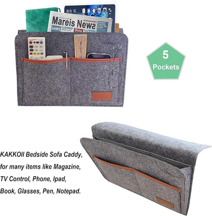 Bedside Caddy, Sofa Caddy, Storage Organizer Pocket for Dorm, Bedroom, 5 Pockets Felt Organizer for Magazine, Remote, Phone, Tablet, Pad, Glasses, Pen, Remote Control (Grey-Short)