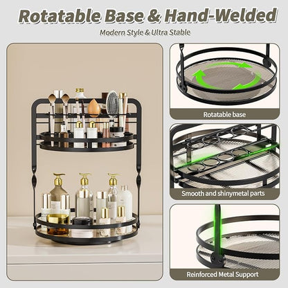360° Rotating Makeup Organizer, 2-Tier Black Perfume Organizer for Dresser, Bathroom Organizers Countertop, Perfume Shelf with Makeup Brush Holder, Skincare Holder Cosmetic Display(Black)