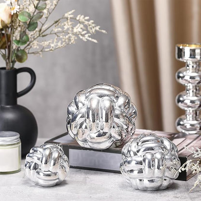 Wenqik 3 Pcs Knot Decor, Link Coffee Table Bookshelf Decor Accents, Ceramic Decorative Objects, Modern Home Minimalist Book Shelf Aesthetic Decoration, 3 Sizes(Silver)