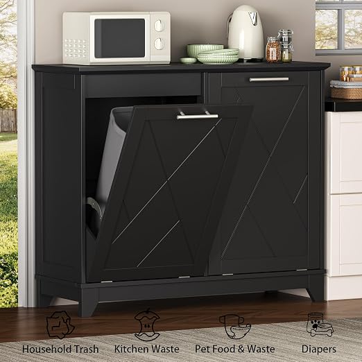 Double Tilt Out Trash Can Cabinet with Charging Station, Negative Ion Odor Control, Hidden Dual 10-Gallon Recycling Cabinet, Dog Proof Garbage Can for Kitchen, Laundry, Dining Room,Black