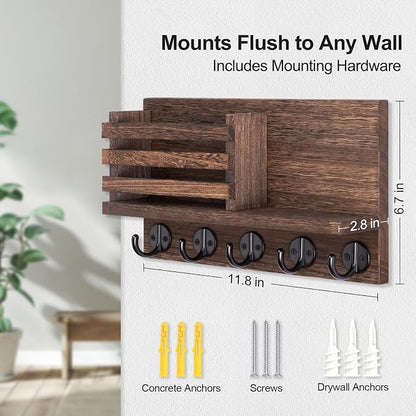 Lwenki Key Holder for Wall – Decorative Wooden Mail Holder and Key Shelf with Mounting Hardware, Installation Guide – Paulownia Wood with Metal Key Hooks (Brown, Large - 11.8inch)