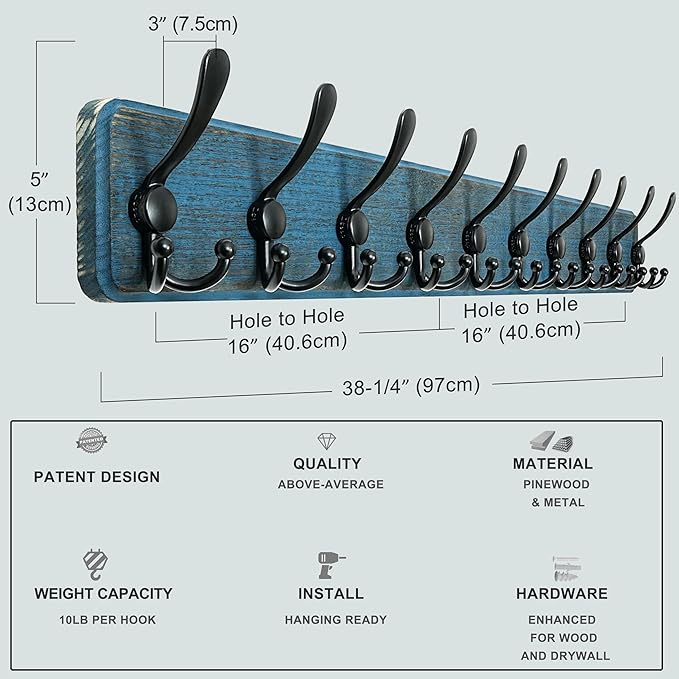 Dseap Coat Rack Wall - Heavy-Duty 38-1/4" Long, with Reinforced 10 Custom Tri-Hooks, Solid Wood Wall Hanger for Coats Hat Jackets - Rustic Farmhouse Entryway Hallway Storage, Weathered Blue & Black