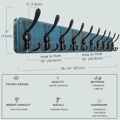 Dseap Coat Rack Wall - Heavy-Duty 38-1/4" Long, with Reinforced 10 Custom Tri-Hooks, Solid Wood Wall Hanger for Coats Hat Jackets - Rustic Farmhouse Entryway Hallway Storage, Weathered Blue & Black