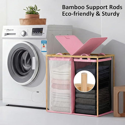 efluky Laundry Hamper with Lid, Double Laundry Basket with 2 Removable Bags, 2 Section Laundry Bin with Bamboo Handles for Bathroom, Bedroom & Laundry Room, 140L (36.9 Gallon) Pink
