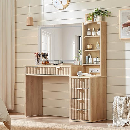 LEYAOYAO Vanity Desk with Mirror and Lights, 43.5'' Fluted Makeup Vanity with 6 Drawers and Adjustable Shelves, Natural Wood Make Up Vanity Dressing Table with Glass Top and Power Outlet for Bedroom