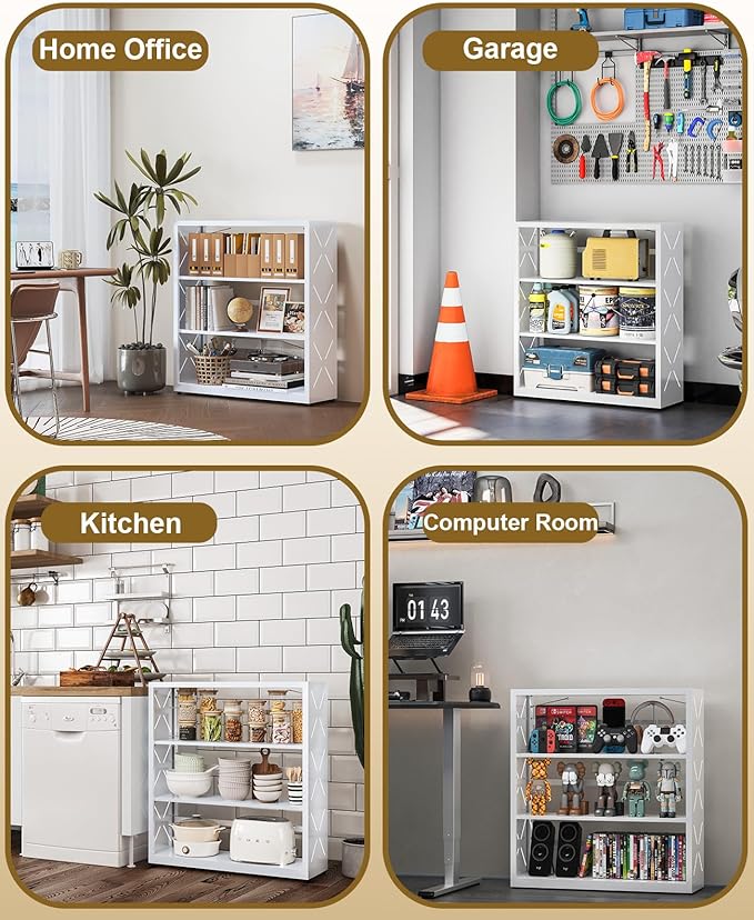 METALOONG Book Shelf, 3-Tier Steel Bookcase Adjustable with Anti-Tip Device & Leveling Feet, Heavy-Duty Metal Storage Organizer, Modern Corner Shelves for Kitchen, Garage, Home Office - White