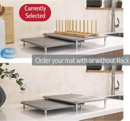Nested Dish Drying Stone Mat with Bamboo Rack | 2 Pcs Diatomaceous Earth Stone Drying Mats for Kitchen Counter with Non-Slip Feet | Collapsible Large Drying Stone for Dishes (Light Gray)
