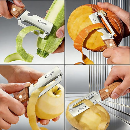 TEEVEA Vegetable Peeler, Stainless Steel Wooden Handle for Potato, Apple | Multifunctional, Ultra Sharp Zero-Snag Blade, Heavy Duty, Bottle Opener, Right-Hand Grip, Premium Fruit Veggie Kitchen Tool