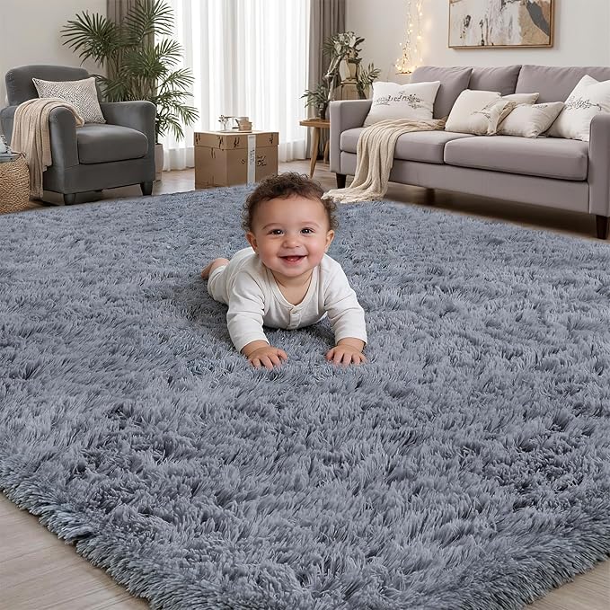 Area Rug for Living Room Bedroom: 8x10 Grey Soft Fluffy Shag Upgrade Non-Slip High Pile Carpet Large Fuzzy Plush Indoor Floor Decor Shaggy Rug for Kid Boys Girls Dorms Playroom Nursery Modern Home