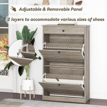 FTZxHKLX Shoe Cabinet with 2 Flip Drawers, Narrow Freestanding Shoe Storage Organizer, Slim Wooden Hidden Shoe Rack for Front Door Entrance, Closet, Hallway, Living Room, Rustic Gray