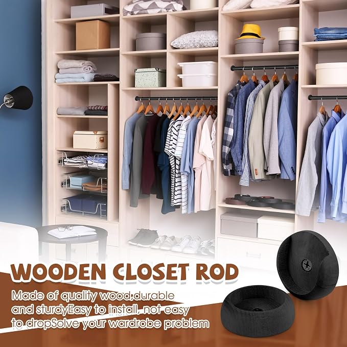 Yookeer 4 Pack Wooden Closet Pole Sockets 1-3/8" Closet Rod Holders Pole Holders for Wardrobe Hallway Bathroom Curtain Clothing Store(Black)