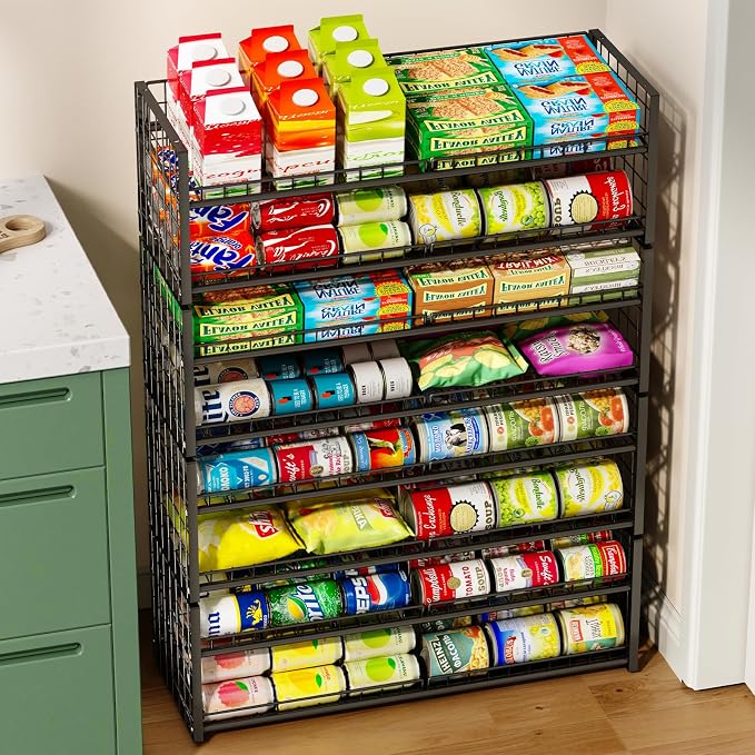 2-Pack Stackable Can Organizer for Pantry Shelf, Adjustable Extra-Long Rolling Can Rack for Kitchen Cupboard Storage, Sturdy Standing Can Holder for Canned Food Goods Soda up to 100, 2 Tier, Black