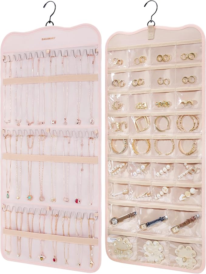 BAGSMART Hanging Jewelry Organizer Storage with Hanger Metal Hooks Double-Sided Jewelry Holder for Earrings, Necklaces, Rings on Closet, Wall, Door, 1 piece Large Pink