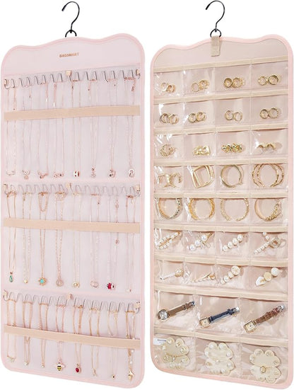 BAGSMART Hanging Jewelry Organizer Storage with Hanger Metal Hooks Double-Sided Jewelry Holder for Earrings, Necklaces, Rings on Closet, Wall, Door, 1 piece Large Pink