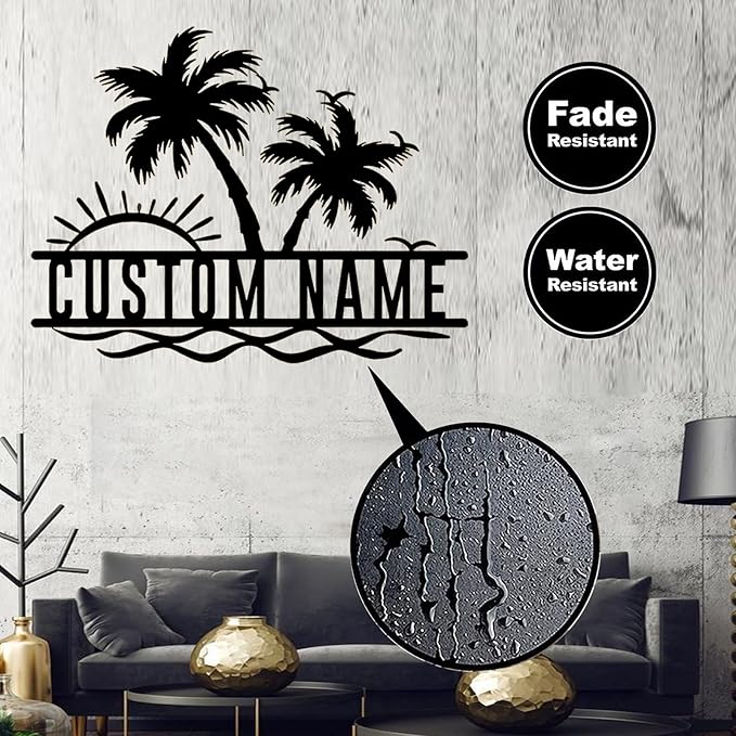 Personalized Backyard Pool Metal Sign Custom Sunshine Palm Tree Beach House Metal Wall Art Personalized Ocean Waves Pool Patio Decoration Birthday Family Pool Home décor Tree House Sign