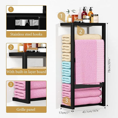 Bamboo Wall Blanket Ladder, 4-Tier Towel Racks, Bamboo Bath Towel Racks for Bathroom Wall Mounted, Decorative Blanket, Quilt, Towel, Scarf Ladder Shelves for Bathroom, Living Room, Bedroom， Black