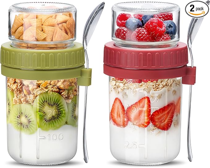 Danmu 2 Pack Overnight Oats Containers with Lids 21 oz (16+5),Dual-Layer Yogurt Parfait Cups with Lids,Meal Prep Containers Glass for Snack,Overnight Oats,Yogurt,Parfait,Salad Dishwasher Safe