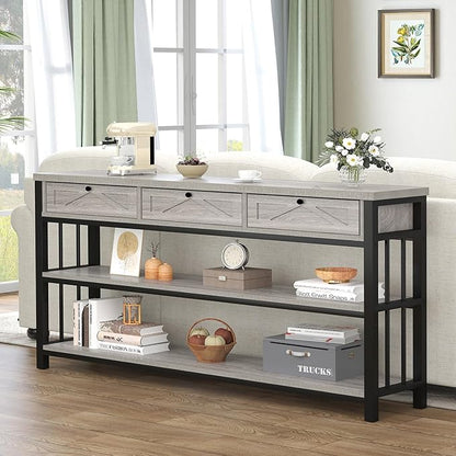HSH Sofa Table with 3 Drawers, 55" Entryway Table with Storage Shelf, Console Table with Drawers Behind Couch for Living Room, Farmhouse Wood Metal Front Door Table for Entry Hallway, Light Grey Oak