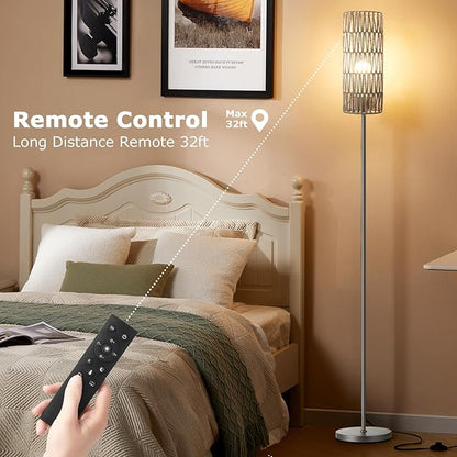 Ambimall 64'' Floor Lamps for Living Room with Remote Control and Stepless Dimmable Colors Temperature & Brightness, Boho Grey Standing Lamp with Grey Rattan Shade