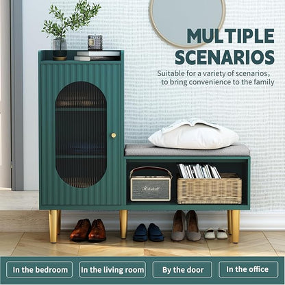 HLR Storage Bench Set of 2, Green Modern Entryway Shoe Cabinet Bench with Glass Door&Shelf, L-Shaped Storage Cabinet with Padded Seat for Hallway, Bedroom, Living Room, Office