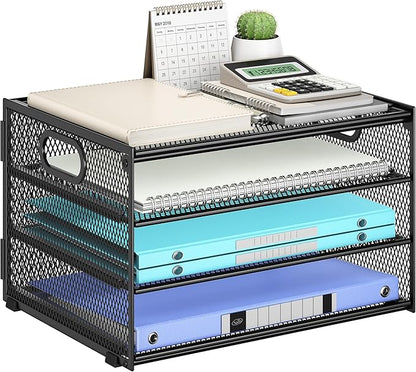 Subekyu Paper Letter Tray Organizer for Desk, Black Metal Mesh Desk File Sorter Organizer with Handle and 2 Sliding Trays for Home Office School Supplies Organization