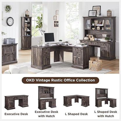 OKD 60" L Shaped Executive Desk with Hutch and Drawers, Farmhouse Home Office Desk with Charging Station, File Cabinet Storage, Wood Corner Computer Desk for Work and Study, Dark Rustic Oak