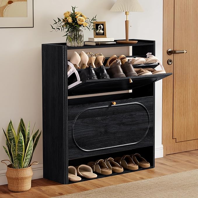 ORRD Shoe Storage Cabinet with 2 Flip Drawers, Wood Narrow Shoe Cabinet for Entryway, Fluted Hidden Shoe Organizer, Freestanding Slim Shoes Cabinets for Foyer, Hallway-Black