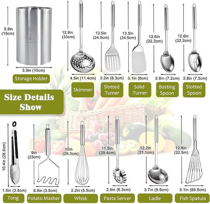 Stainless Steel Kitchen Utensils Set - 12pcs Cooking Utensils Set with Holder, Heat Resistant Kitchen Tool Set for Cooking with Turners, Potato Masher, Spatula, Spoons, Tongs, Whisk