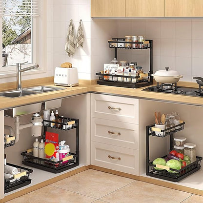 Sevenblue 2 Packs Under Sink Organizer, Height Adjustable 2 Tier Under Kitchen Sink Organizer, Multi-Purpose Storage Shelf for Kitchen Bathroom Cabinet (Black, Extra Large)