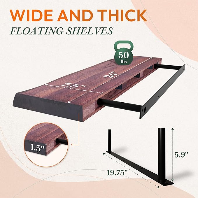 Howizz 24" Acacia Live Edge Floating Shelves Set of 2 - Wall Mounted Wooden Shelf for Stylish Home Décor - Cherry Color 24x7.5x1.5 Inches