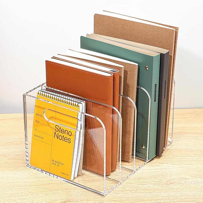 Acrylic Magazine File Holder, 5 Vertical Compartments Desk Document Sorter Organizer, Clear Folder Rack Binder for Office/Documents/Classroom, for Home, Tablet, Magazines, Books & Accessories