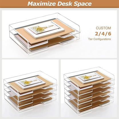 SANRUI Clear Acrylic Paper Tray, 4 Tier Stackable Letter Tray Desk Organizer with Curved Design, Oversized Document File Holder for Home Office Classroom Desktop Storage