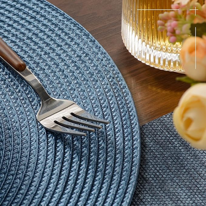FunWheat Round Braided Placemats Set of 4 Table Mats for Dining Tables Woven Washable Non-Slip Place mats 15inch (Blue, 4pcs)