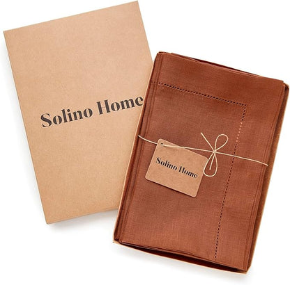 Solino Home Linen Napkins Set of 4 - Classic Hemstitch 100% Pure Linen Cinnamon Dinner Napkins Cloth 20 x 20 Inch for Winter - Handcrafted and Machine Washable