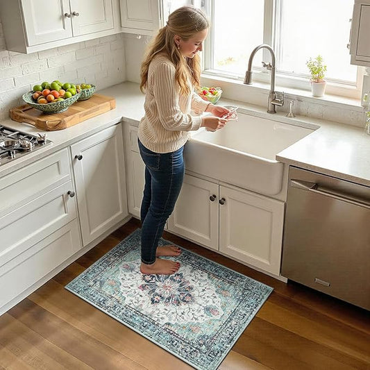 RELEANY Area Rugs Small 2'x3' Washable Non-Slip, Floral Vintage Distress Medallion Carpet for Kitchen Entryway Bathroom, Green Navy Blue White Red Teal