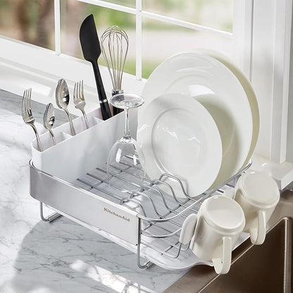 KitchenAid Compact Satin Wire Rust Resistant, Expandable Dish Rack with Angled Self Draining Drainboard with Removable Flatware Caddy, 23.18-Inch, Gray