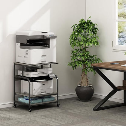 Large Printer Stand Table 23.6 x18.9 x 30 Inches with Height Adjustable Storage Shelf, 3 Tier Rolling Printer Cart with Wheels for Home Office, Gray