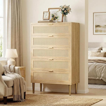 IDEALHOUSE Rattan 5 Drawer Dresser, 44''Tall Narrow Chest of Drawer, Farmhouse Wooden Vertical Dresser with Metal Legs and Handles, Modern Cabinet for Bedroom, Living Room, Oak