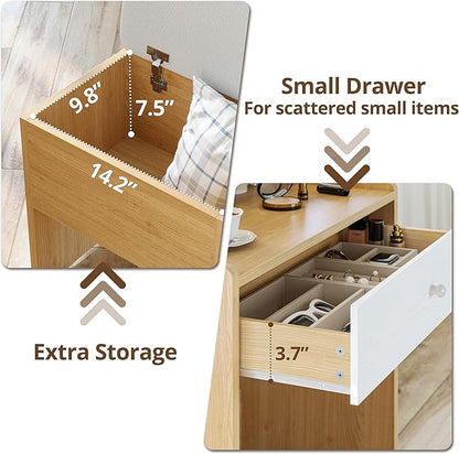 LIKIMIO Small Makeup Vanity Desk with Mirror and Lights, Vanity Table Set with Storage Drawer, Chair and Three Shelves, Bedroom, Wood