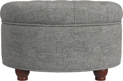 Homepop Home Decor |Button Tufted Woven Round Storage Ottoman | Ottoman with Storage for Living Room & Bedroom (Gray Woven)
