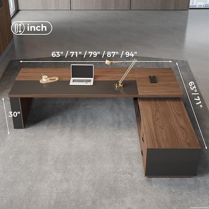Nuipens 63 Inch Compact Reversible L Shaped Executive Desk for Manager, Home Office Desk with Power Outlet & USB Ports, LED Ambient Lighting, Storage Cabinet, Walnut
