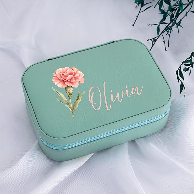 Custom Leather Jewelry Box with Name & Birth Flower Month, Birthday Gifts for Women, Personalized Jewelry Travel Case - Customized Jewelry Organizer Box, Mom Birthday Gifts, Emerald