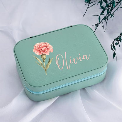 Custom Leather Jewelry Box with Name & Birth Flower Month, Birthday Gifts for Women, Personalized Jewelry Travel Case - Customized Jewelry Organizer Box, Mom Birthday Gifts, Emerald